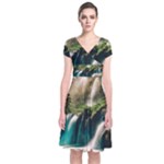 Waterfall Rocks Jungle Forest Short Sleeve Front Wrap Dress