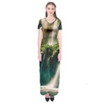 Waterfall Rocks Jungle Forest Short Sleeve Maxi Dress