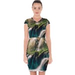 Waterfall Rocks Jungle Forest Capsleeve Drawstring Dress 
