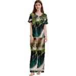 Waterfall Rocks Jungle Forest Short Sleeve Satin Pajamas Set With Pockets
