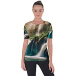 Waterfall Rocks Jungle Forest Shoulder Cut Out Short Sleeve Top