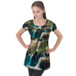 Waterfall Rocks Jungle Forest Puff Sleeve Tunic Top