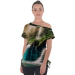 Waterfall Rocks Jungle Forest Off Shoulder Tie-Up T-Shirt