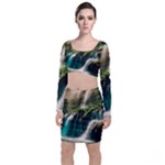 Waterfall Rocks Jungle Forest Long Sleeve Crop Top & Bodycon Skirt Set