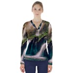 Waterfall Rocks Jungle Forest V-Neck Long Sleeve Top
