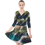 Waterfall Rocks Jungle Forest Quarter Sleeve Front Wrap Dress