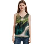 Waterfall Rocks Jungle Forest Women s V-Neck Sleeveless Satin Top
