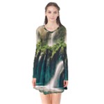Waterfall Rocks Jungle Forest Long Sleeve V-neck Flare Dress