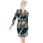 Waterfall Rocks Jungle Forest Button Long Sleeve Dress