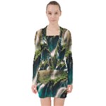 Waterfall Rocks Jungle Forest V-neck Bodycon Long Sleeve Dress
