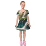 Waterfall Rocks Jungle Forest Kids  Short Sleeve Velvet Dress