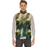 Waterfall Rocks Jungle Forest Men s High Neck Button Up Puffer Vest