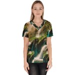 Waterfall Rocks Jungle Forest Women s V-Neck Scrub Top