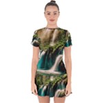 Waterfall Rocks Jungle Forest Drop Hem Mini Chiffon Dress