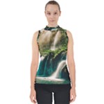 Waterfall Rocks Jungle Forest Mock Neck Shell Top