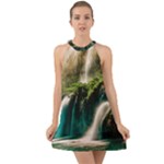 Waterfall Rocks Jungle Forest Halter Tie Back Chiffon Dress