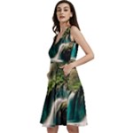 Waterfall Rocks Jungle Forest Sleeveless V-Neck Skater Dress with Pockets