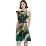 Waterfall Rocks Jungle Forest Cocktail Party Halter Sleeveless Dress With Pockets