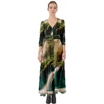 Waterfall Rocks Jungle Forest Button Up Boho Maxi Dress