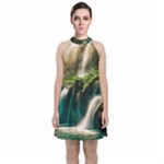 Waterfall Rocks Jungle Forest Velvet Halter Neckline Dress 