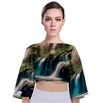 Waterfall Rocks Jungle Forest Tie Back Butterfly Sleeve Chiffon Top