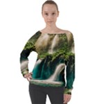 Waterfall Rocks Jungle Forest Off Shoulder Long Sleeve Velour Top