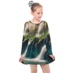Waterfall Rocks Jungle Forest Kids  Long Sleeve Dress