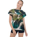 Waterfall Rocks Jungle Forest Ruffle Collar Chiffon Blouse