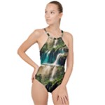 Waterfall Rocks Jungle Forest High Neck One Piece Swimsuit