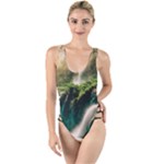 Waterfall Rocks Jungle Forest High Leg Strappy Swimsuit