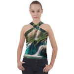 Waterfall Rocks Jungle Forest Cross Neck Velour Top