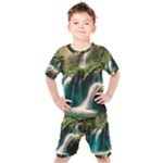 Waterfall Rocks Jungle Forest Kids  T-Shirt and Shorts Set