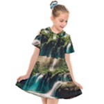 Waterfall Rocks Jungle Forest Kids  Short Sleeve Shirt Dress