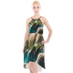 Waterfall Rocks Jungle Forest High-Low Halter Chiffon Dress 