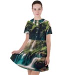 Waterfall Rocks Jungle Forest Short Sleeve Shoulder Cut Out Dress 