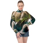 Waterfall Rocks Jungle Forest High Neck Long Sleeve Chiffon Top