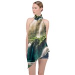Waterfall Rocks Jungle Forest Halter Asymmetric Satin Top
