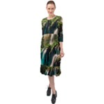 Waterfall Rocks Jungle Forest Ruffle End Midi Chiffon Dress