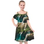 Waterfall Rocks Jungle Forest Kids  Cut Out Shoulders Chiffon Dress