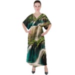 Waterfall Rocks Jungle Forest V-Neck Boho Style Maxi Dress