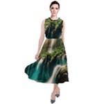 Waterfall Rocks Jungle Forest Round Neck Boho Dress
