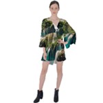Waterfall Rocks Jungle Forest V-Neck Flare Sleeve Mini Dress