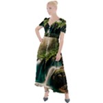 Waterfall Rocks Jungle Forest Button Up Short Sleeve Maxi Dress