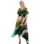 Waterfall Rocks Jungle Forest Cross Front Sharkbite Hem Maxi Dress