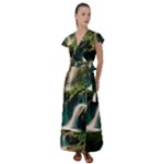 Waterfall Rocks Jungle Forest Flutter Sleeve Maxi Dress