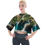 Waterfall Rocks Jungle Forest Mock Neck T-Shirt