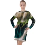 Waterfall Rocks Jungle Forest Long Sleeve Hoodie Dress