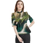 Waterfall Rocks Jungle Forest Frill Neck Blouse