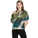Waterfall Rocks Jungle Forest One Shoulder Cut Out T-Shirt