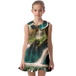 Waterfall Rocks Jungle Forest Kids  Pilgrim Collar Ruffle Hem Dress
